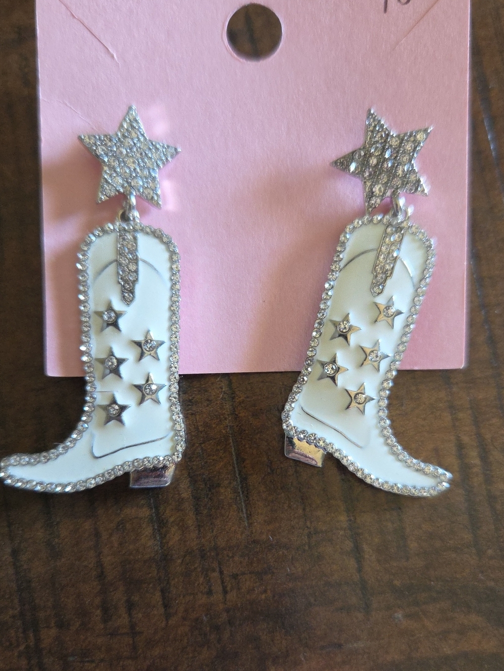 White Cowboy Boot Star Drop Earrings - Pierced